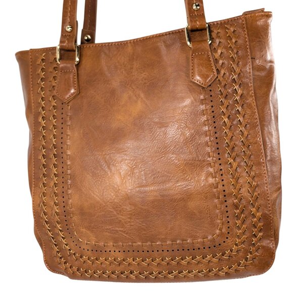Madison West Brown Leather Double Woven Whipstitch Large Boho Western Tote - Picture 2 of 9
